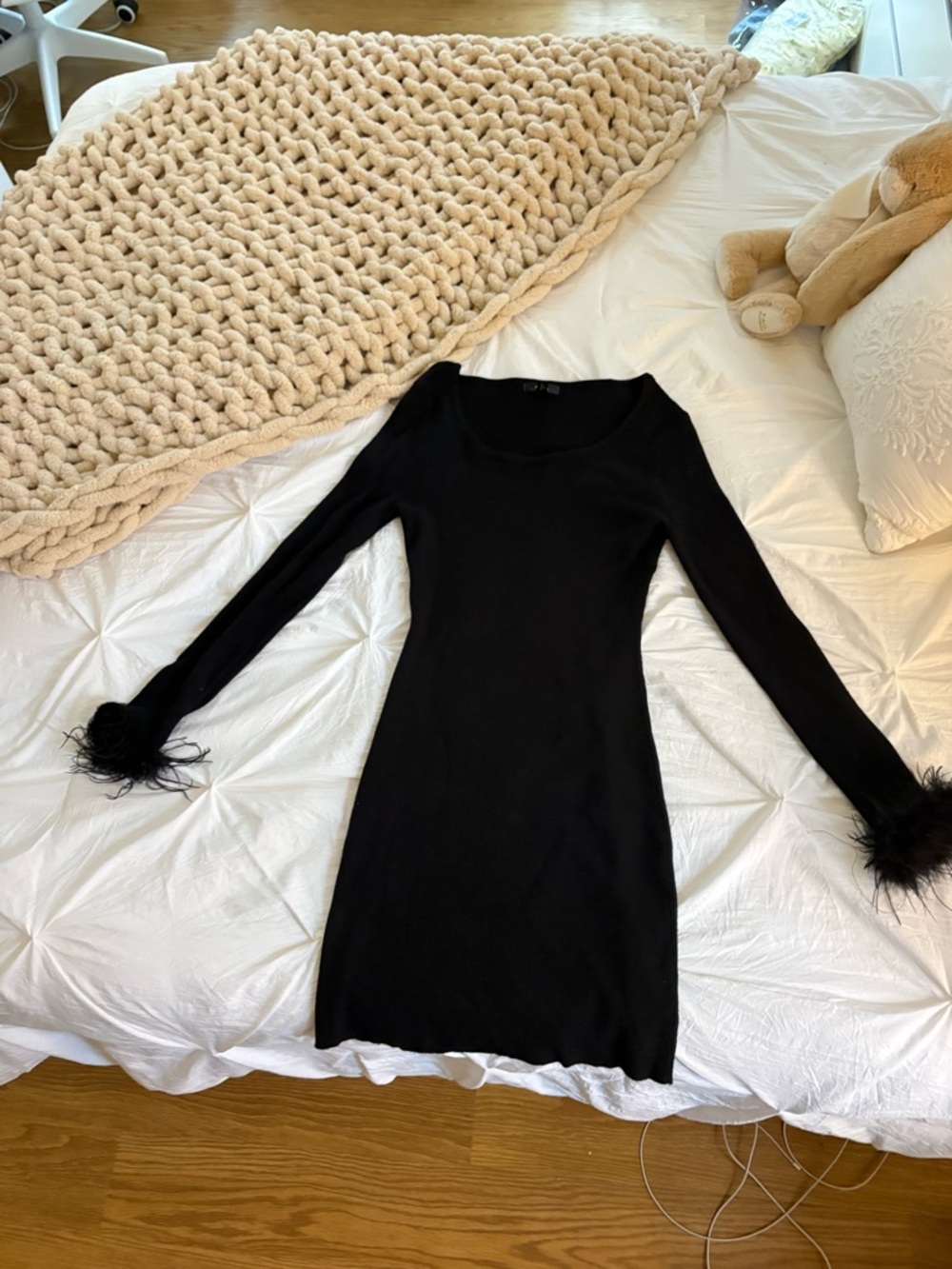 Aqua Black Feather-Cuff Long Sleeve Dress